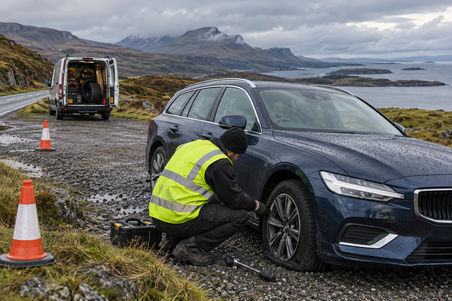Illustration of a high-visibility tyre technician assessing a flat tyre in a coastal layby