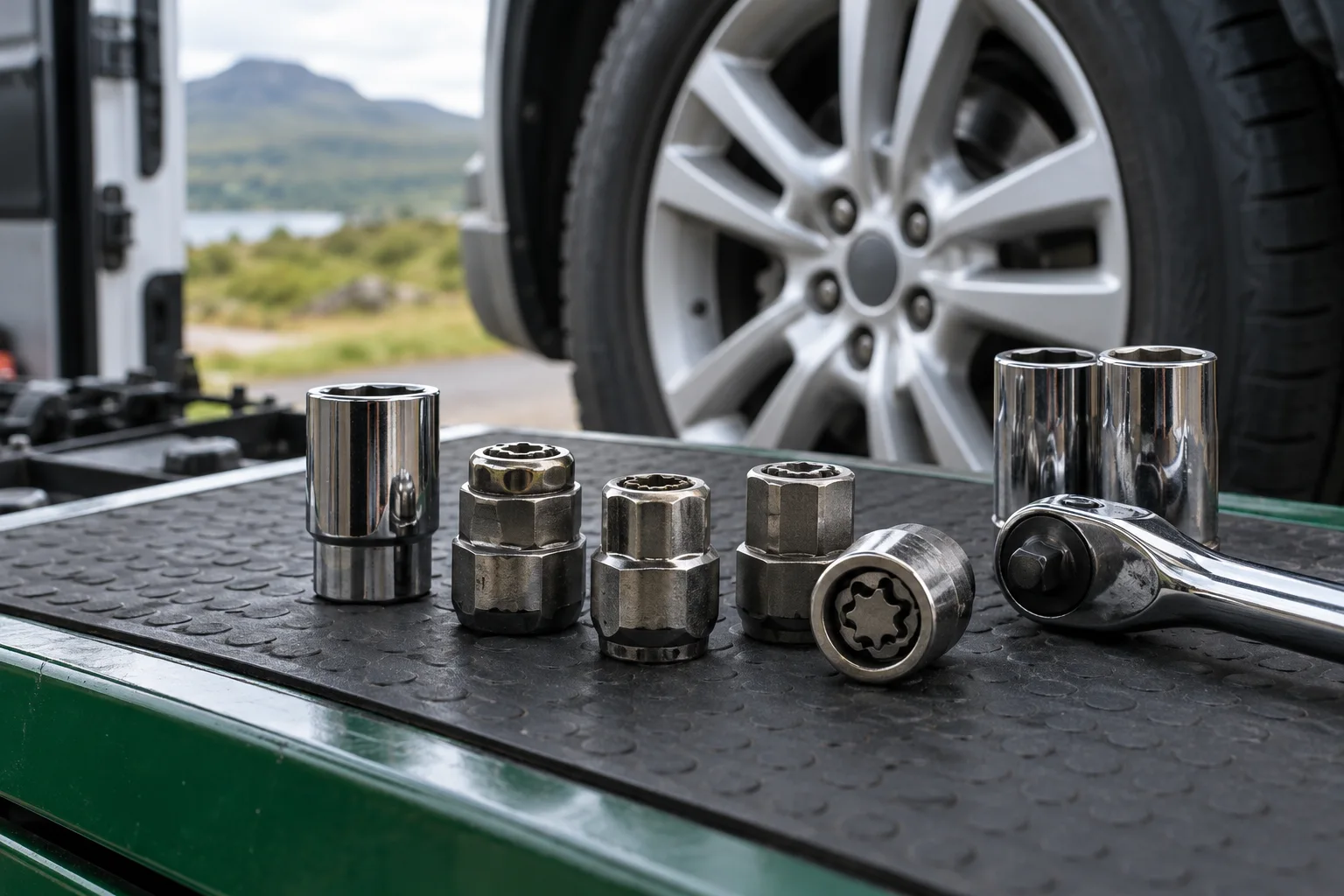 Illustration of locking wheel nut adapters and sockets arranged beside an alloy wheel