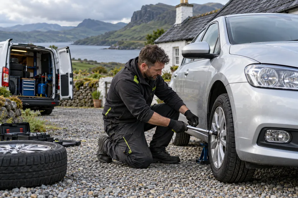 Illustration of a mobile tyre fitter working beside a car at a Scottish cottage