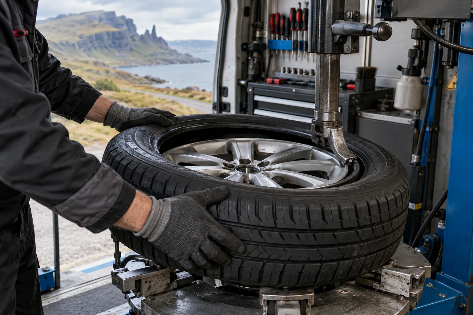 Illustration of gloved hands guiding a tyre on a tyre-changing machine inside a mobile workshop